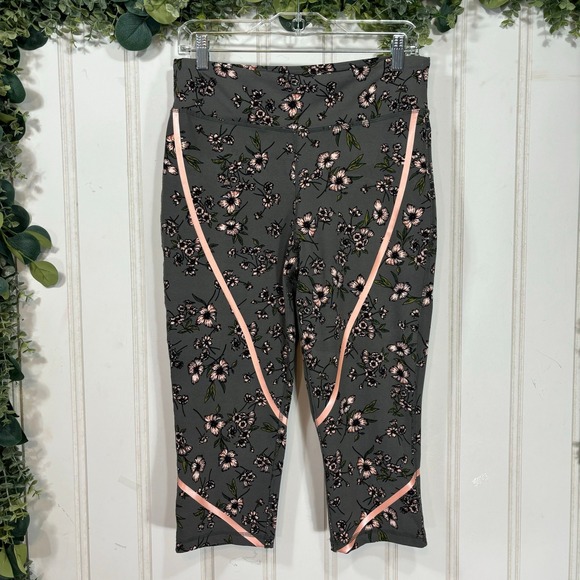 ASKYA Capri Leggings MEDIUM Gray Floral Athletic Casual High Waist Stretch Gray - Picture 2 of 7